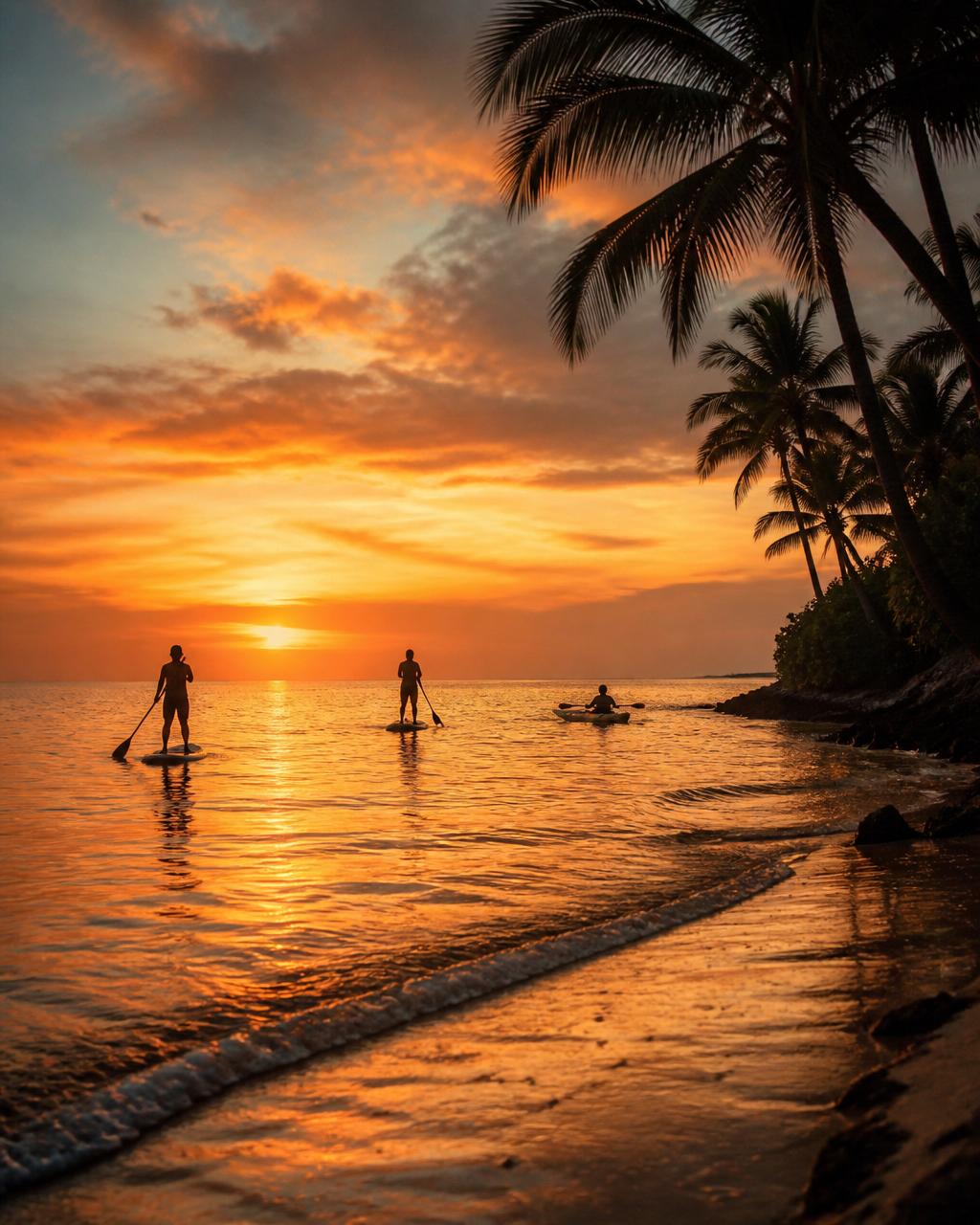 Paddle boarding along a tropical beach at sunset